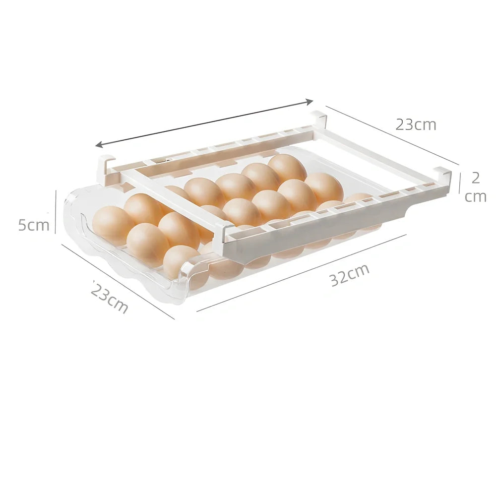 Transparent adjustable fridge egg storage rack with pull-out drawer holding 21 eggs, stackable for kitchen organisation