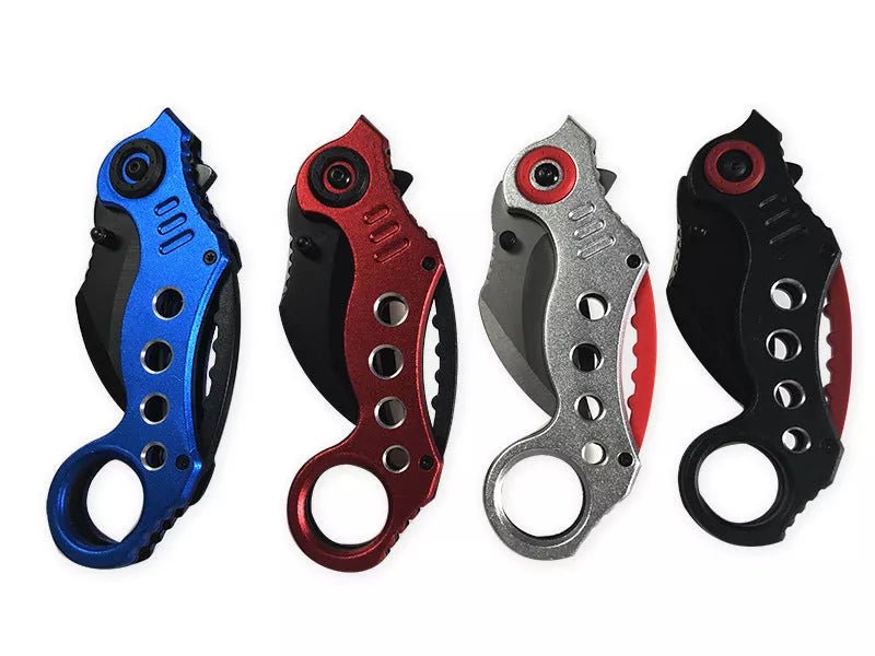 Stainless Steel Outdoor Folding Claw Knife with black, blue, and red handle options
