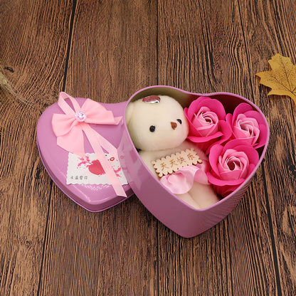 Handmade soap flower gift box in red heart-shaped tin with three blooms and bear, 12x12x5 cm for Valentine's Day