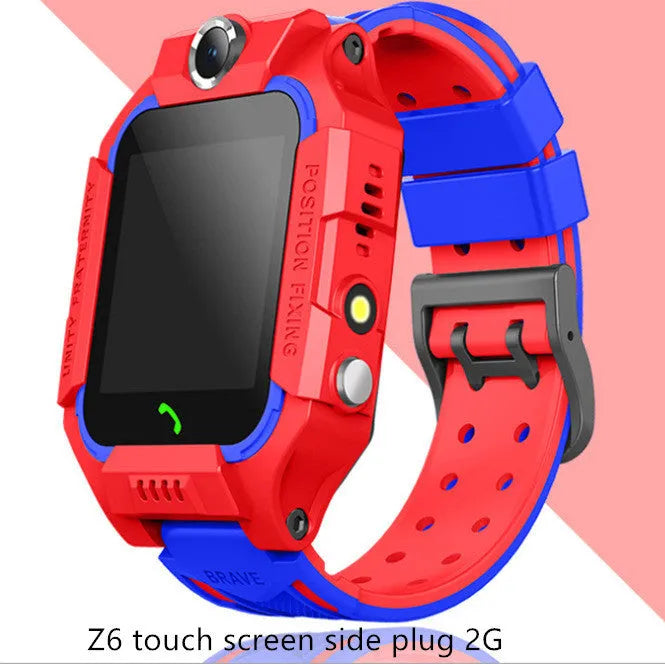 Z6 children smart watch with silicone strap, 128 x 128 touchscreen, and colour options in blue, pink, purple, and red