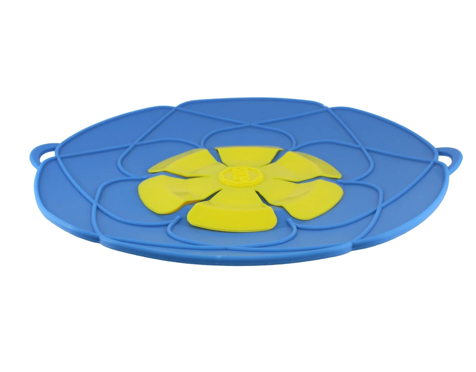 Green silicone spill stopper pan lid on cooking pot showing flexible edges and steam vent