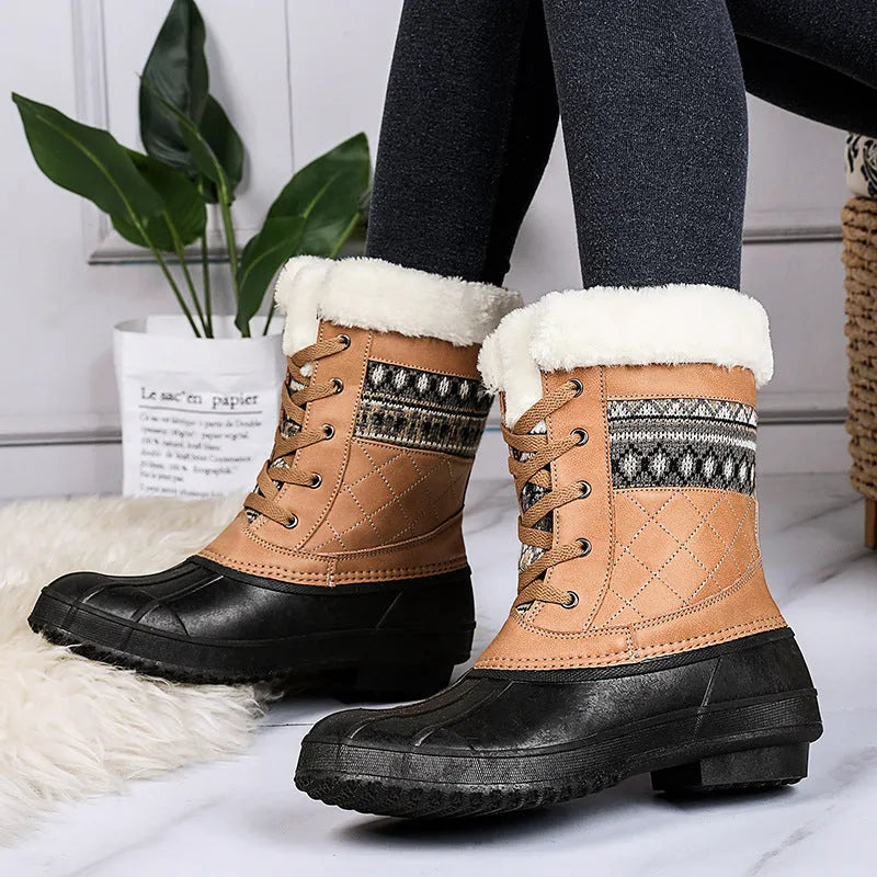 Women's winter high-top hiking shoes in black with plus velvet lining, front tie, and non-slip rubber sole