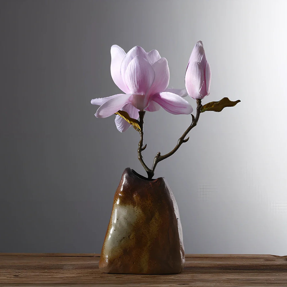 Small 15cm glazed ceramic vase in Japanese style, pottery with smooth finish for ornaments, 8cm diameter base