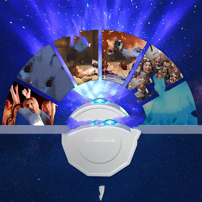 White Bluetooth starry sky projection lamp with remote control displaying nebula and wave light patterns