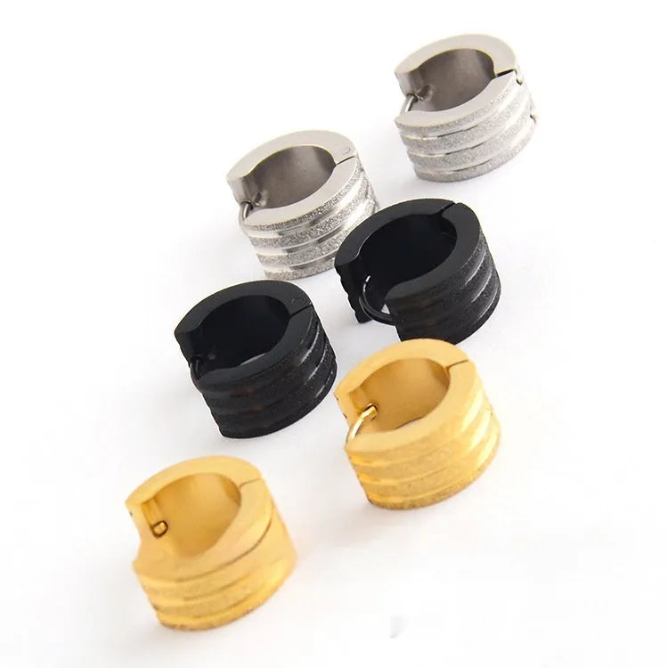 Geometric titanium steel earrings with frosted three-line design in black, gold, and steel colour finishes