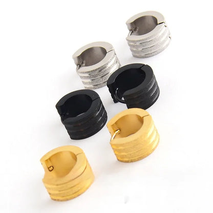 Geometric titanium steel earrings with frosted three-line design in black, gold, and steel colour finishes