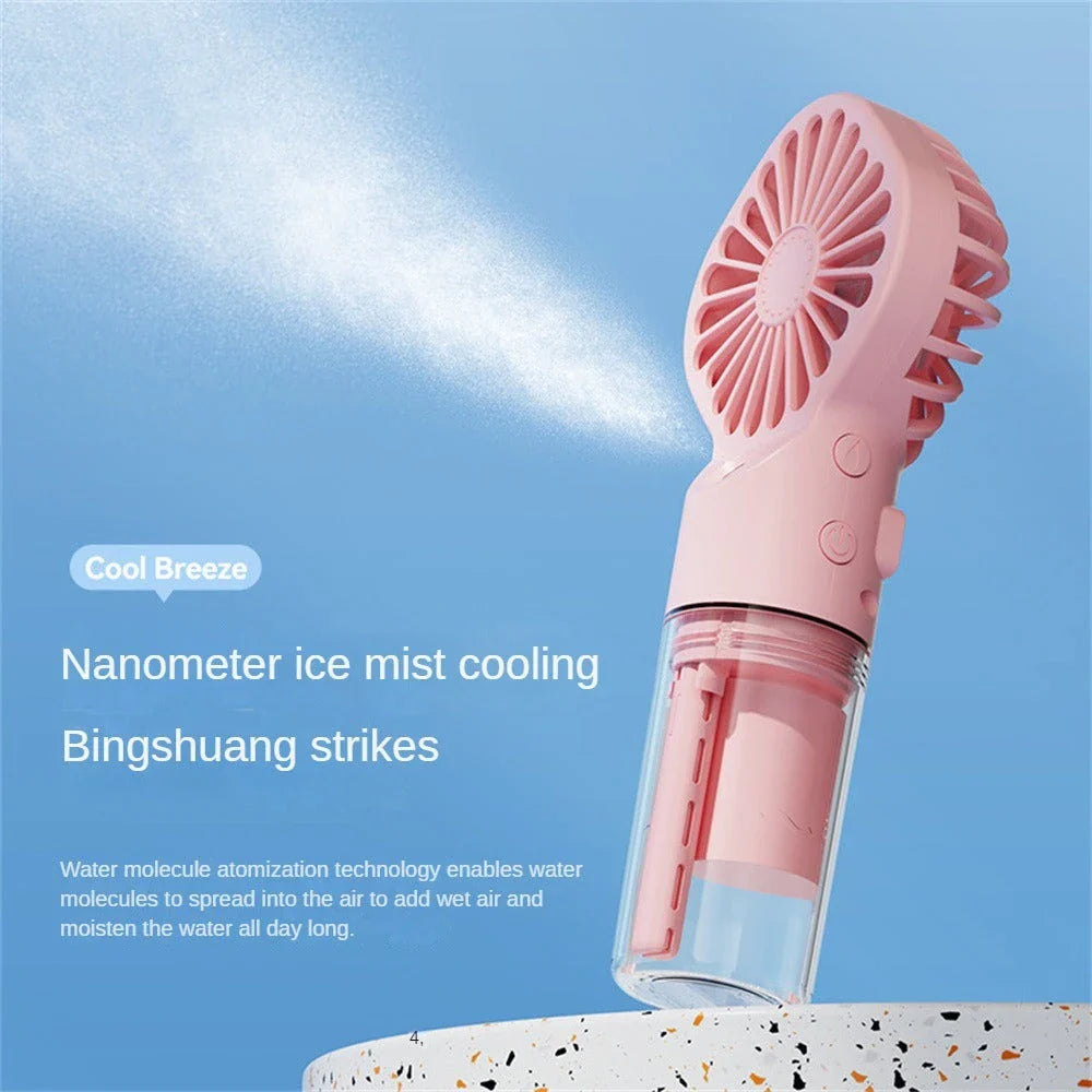 Powerful portable mist fan with four-speed settings, built-in humidifier, and compact design for convenient cooling and hydration