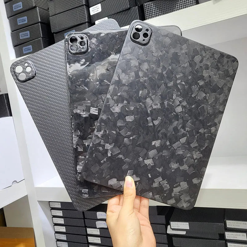 Carbon fibre protective cover for iPad Pro 11 showing 3K matte fine hole texture and embossed plaid pattern