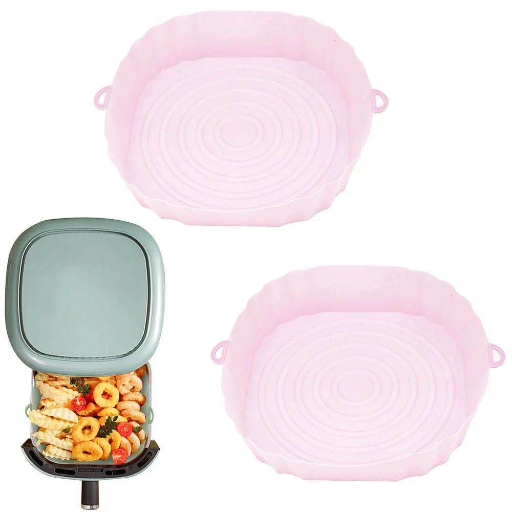 Silicone air fryer basket liner in light grey colour showing 4.5cm depth and flexible design for round air fryers