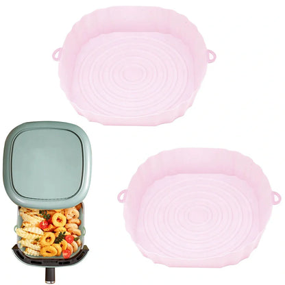 Silicone air fryer basket liner in light grey colour showing 4.5cm depth and flexible design for round air fryers