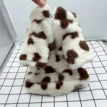 Polyester plush coat for small dogs in British style with fleece lining, shown in pink colour