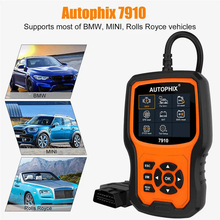 Autophix 7910 BMW full system diagnostic tool with OBD2 connector and display screen