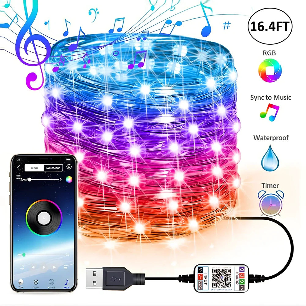 20-metre copper wire LED light string with 200 warm white beads and smartphone app control