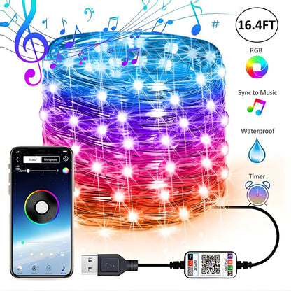 20-metre copper wire LED light string with 200 warm white beads and smartphone app control