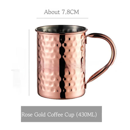 Stainless steel Moscow Mule cup with copper interior in gold, rose gold, silver, or black finish.