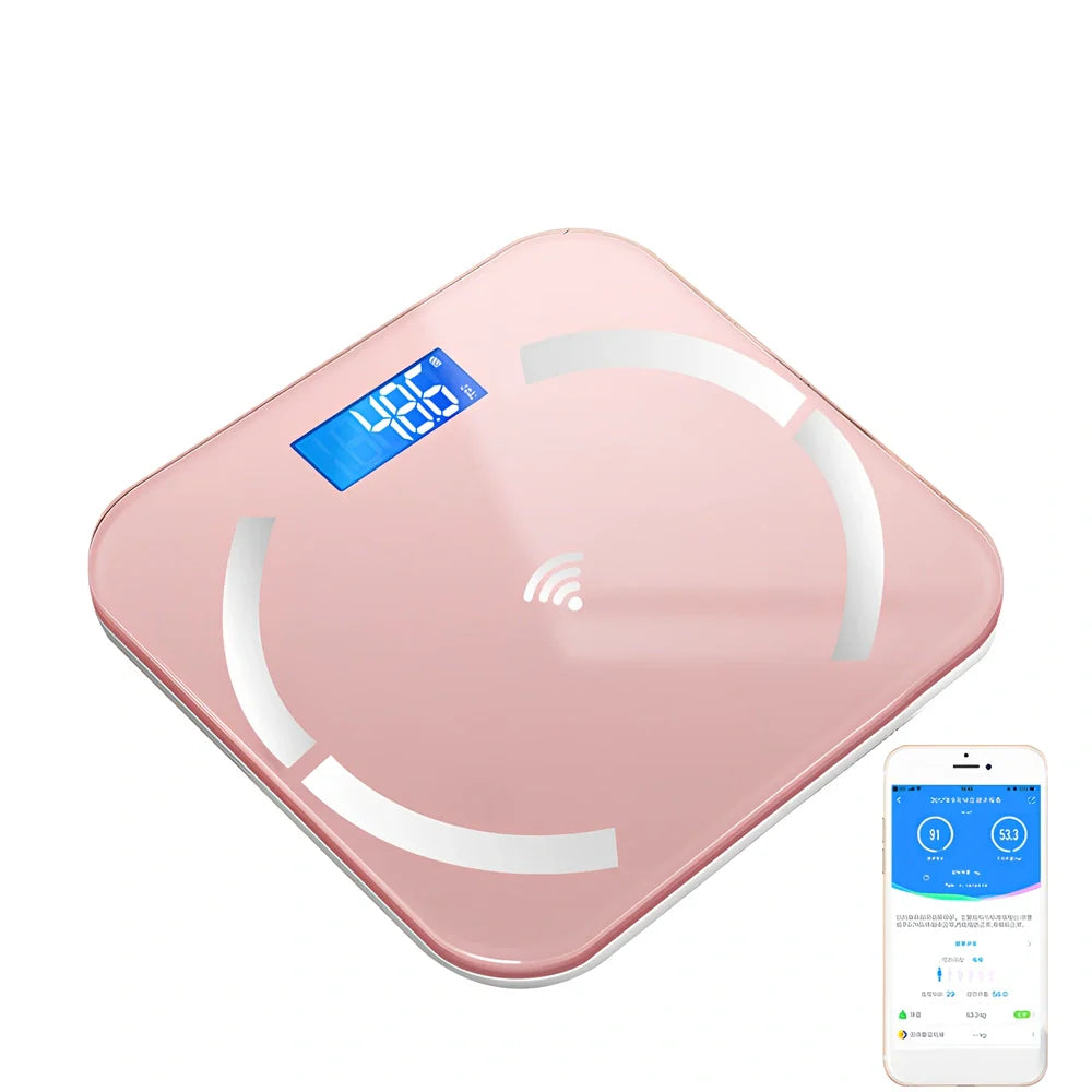 Youmei digital weight scale with 6mm tempered glass surface and blue backlit LCD display showing weight measurement