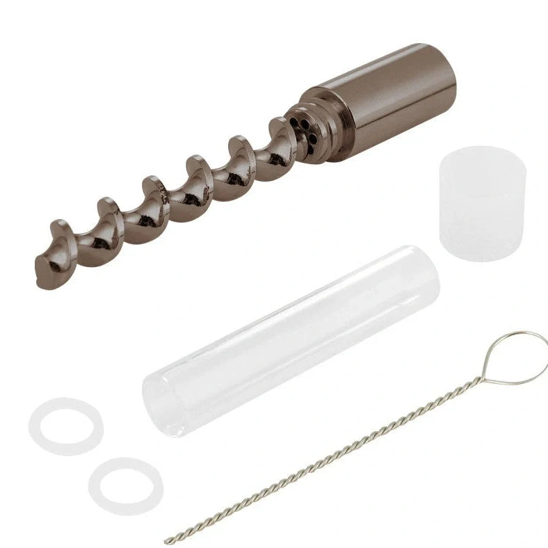 Spiral pipe atomizer with 78mm glass tube and metal fittings in compact packaging