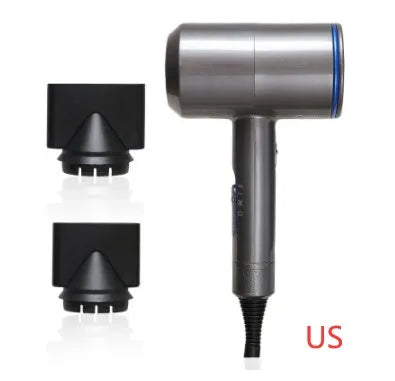 Black hotel hair dryer with 2.5m cable, concentrator nozzle, and multiple international plug adapters