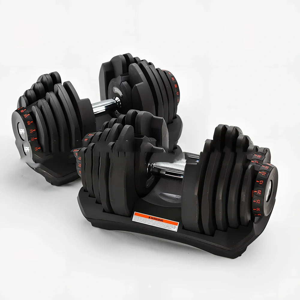 Black automatic adjustable dumbbell with dial weight selector showing 5-25kg range