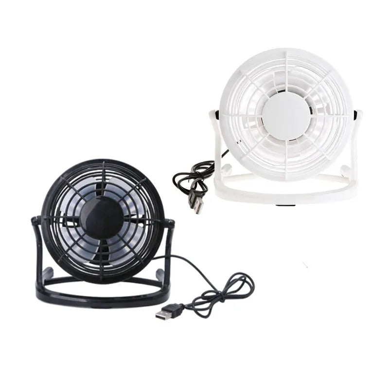 Black mini USB fan with adjustable angle mechanism and 96mm blades on desk