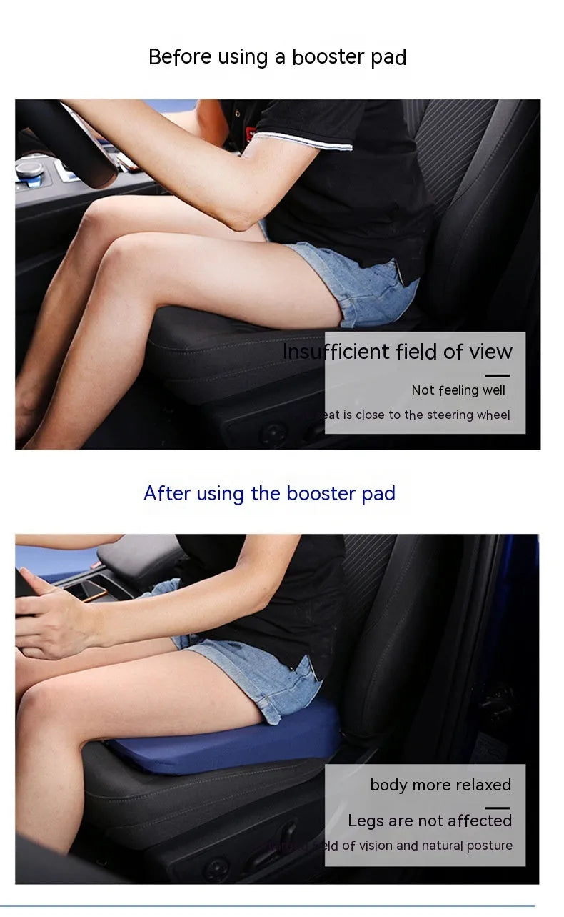 Black thick foam car seat cushion for height adjustment, shown on a car seat.