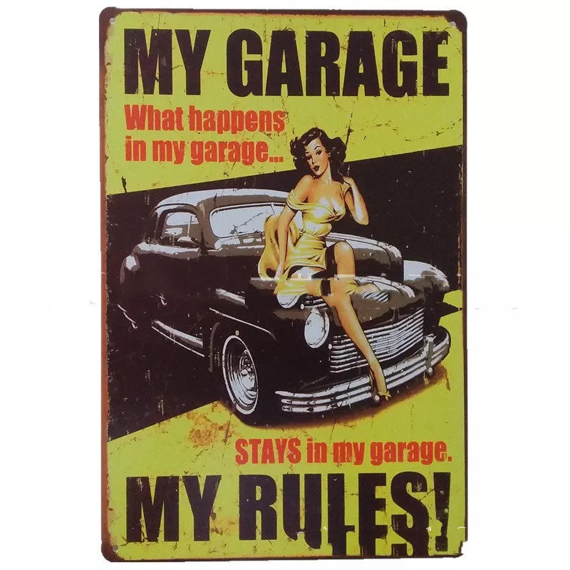 Retro tin painting metal craft with car and motorcycle design, 20x30cm