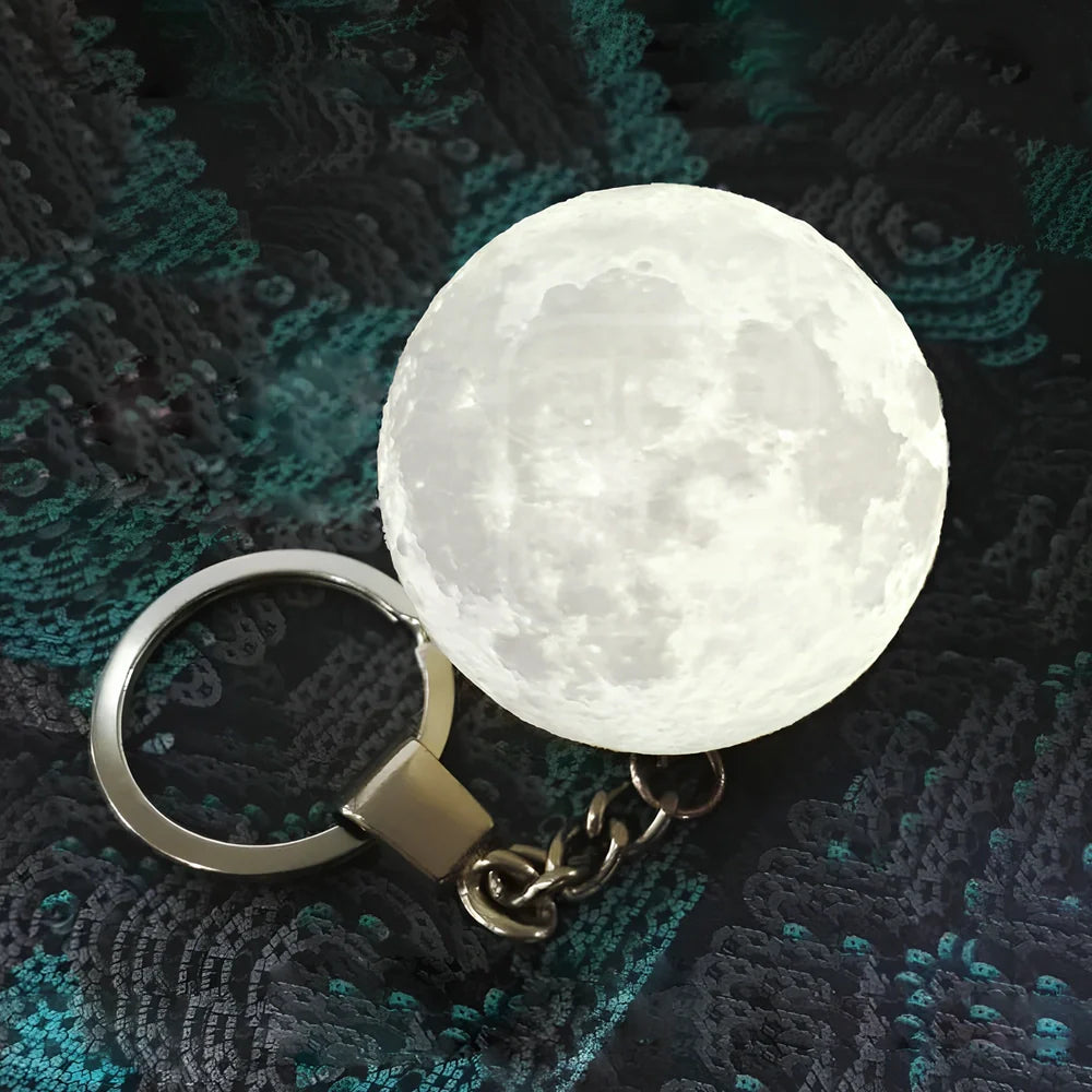 Spherical moon lamp keychain with colour changing LEDs, 6cm diameter with hanging loop