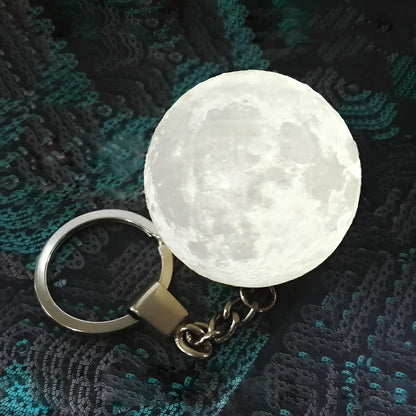 Spherical moon lamp keychain with colour changing LEDs, 6cm diameter with hanging loop