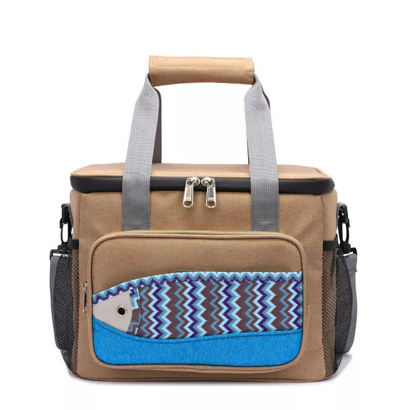 Fish pattern insulated cooler bag in various colors, perfect for outdoor picnics and lunches