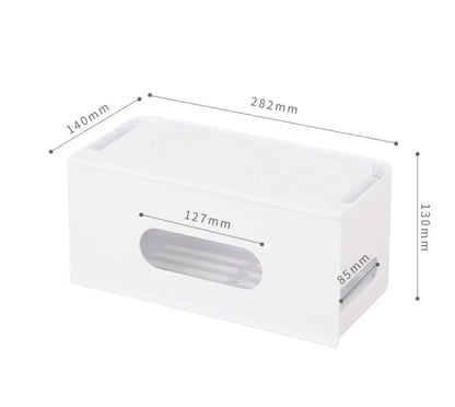 Grey and white plastic wireless router storage box with cable management compartment