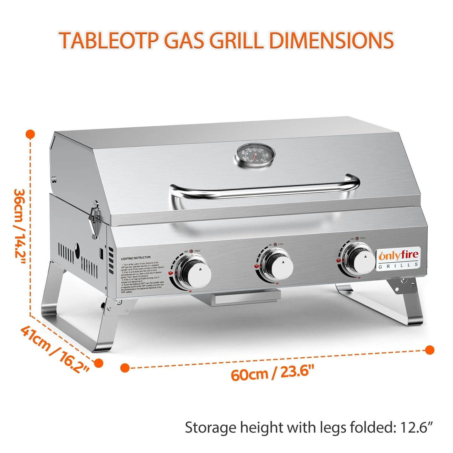 Silver stainless steel desktop gas barbecue grill with 3 burners and foldable legs