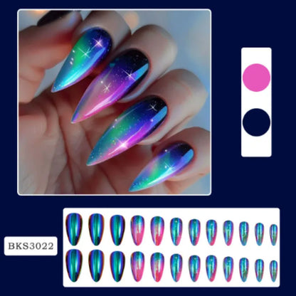 Almond armour shaped nail stickers with frosted finish showing four decorative colour options