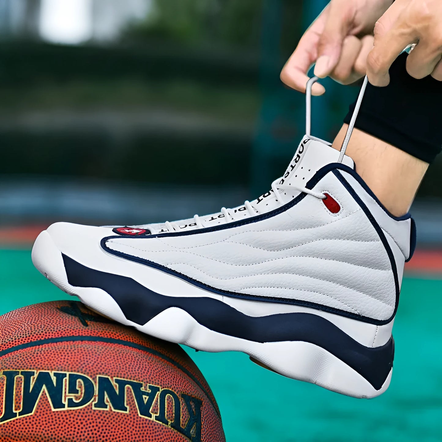 Men's high-top basketball shoes in AJ13 style colours with mesh upper and thick rubber sole.