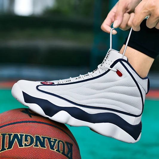 Men's high-top basketball shoes in AJ13 style colours with mesh upper and thick rubber sole.