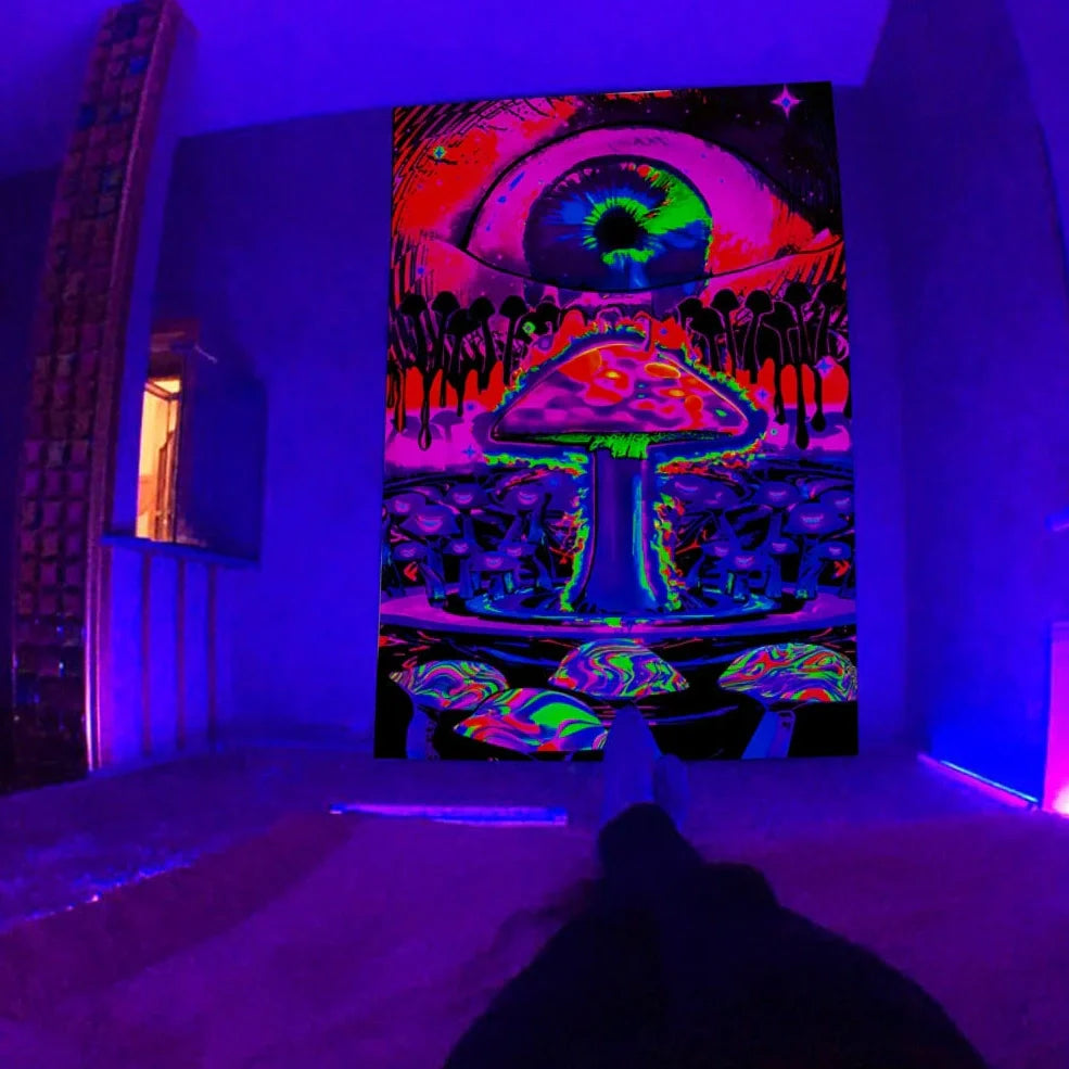 Fluorescent tapestry with psychedelic mushroom pattern glowing under UV light, measuring 150x130cm
