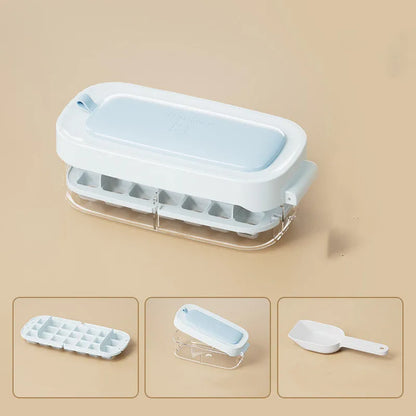 Yellow and blue food grade plastic ice cube trays with ice shovel stored in dedicated slot