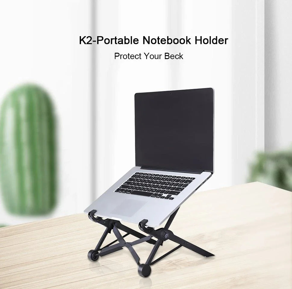 Stylish desktop computer stand with a sleek black metal frame and a wooden surface, elevating a laptop or desktop computer to an optimal viewing height.