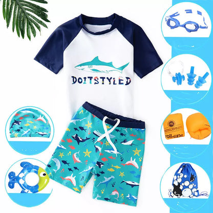 Boys split swimsuit with quick-dry Vinylon fabric, available in multiple colors and sizes
