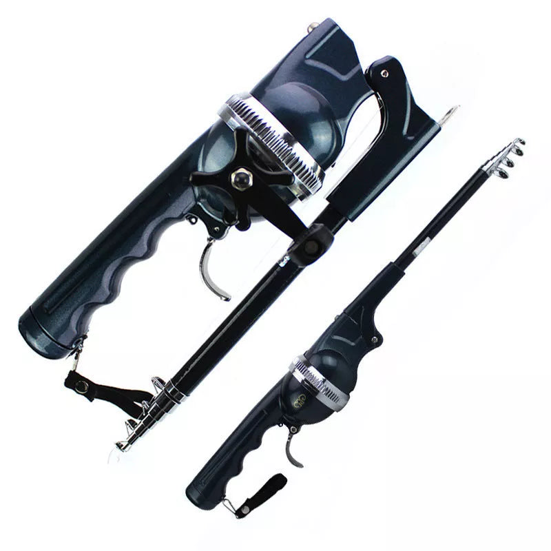 Compact foldable fishing rod with black epoxy construction and built-in reel