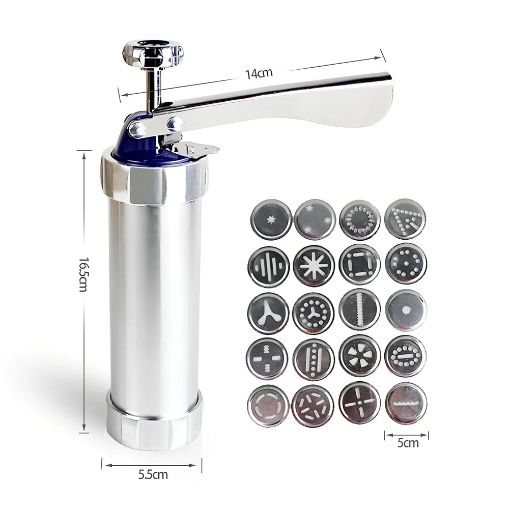 Stainless steel decorating gun baking tool with irregular shape biscuit mould measuring 22cm