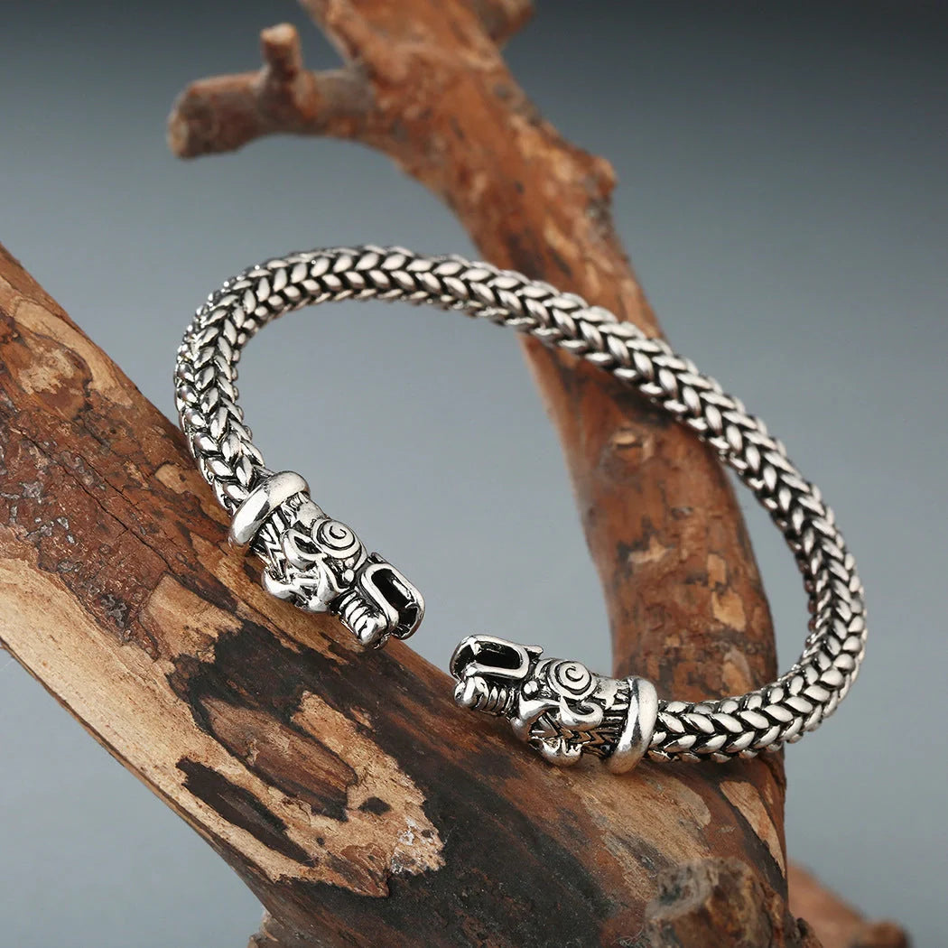 Asgard Crafted Small Handcrafted Stainless Steel Grey Wolf Head Torc Bracelet in silver