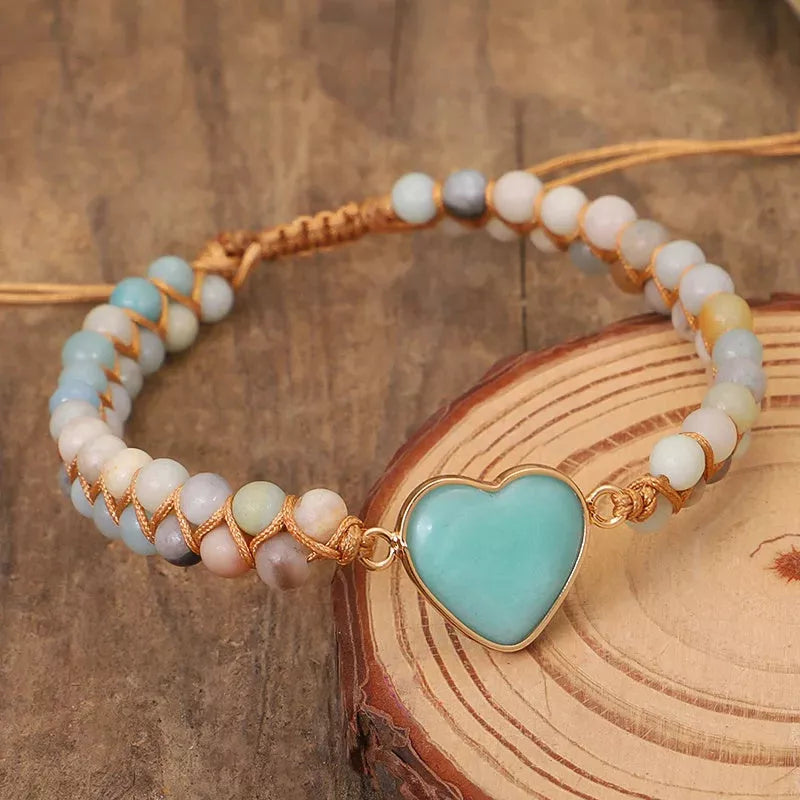 Adjustable heart charm bracelet with blue-green amazonite stones and braided macrame wristband