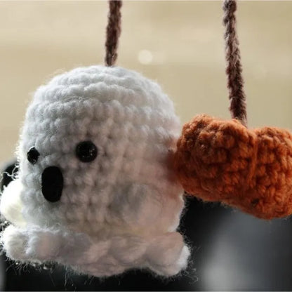 Soft, hand-woven plush car hanging ornament in a cartoon character design.