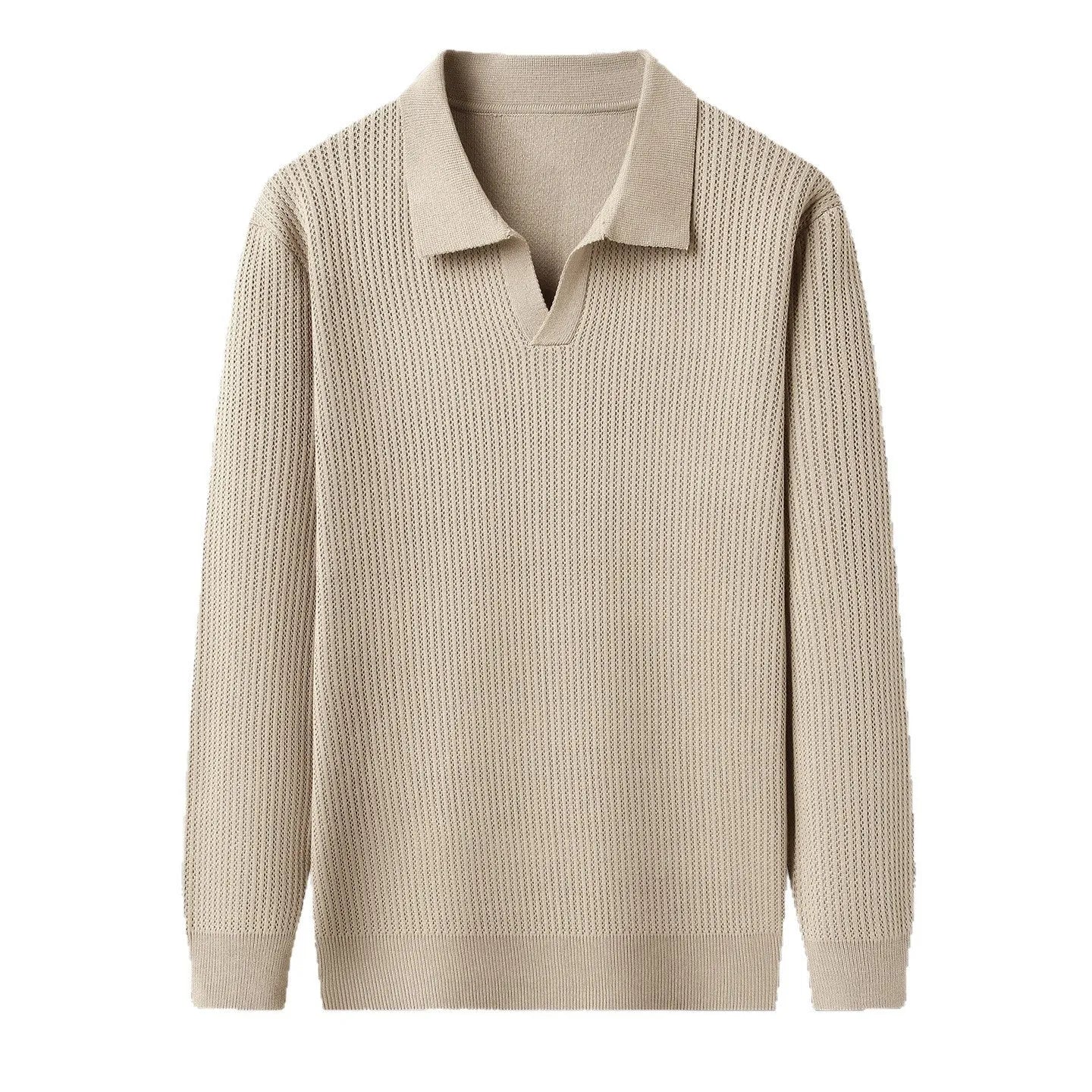 Man wearing a loose fit camel coloured pullover sweater, a casual autumn layer with a simple design.