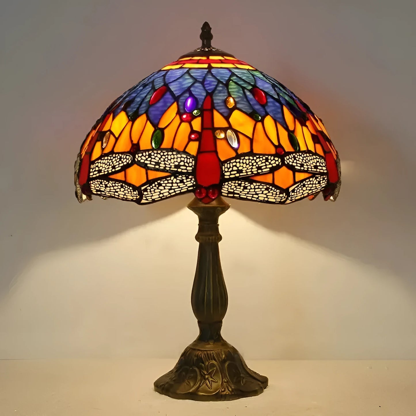European style stone table lamp with dragonfly motif in blue finish, 30cm height