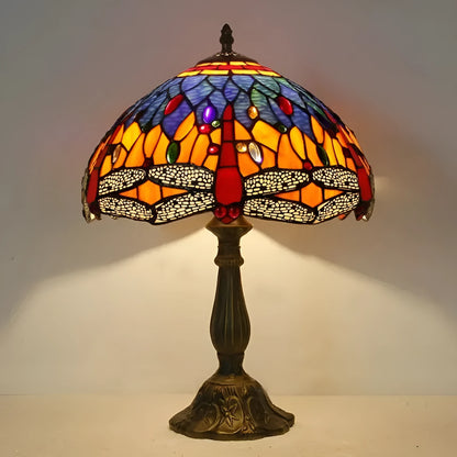 European style stone table lamp with dragonfly motif in blue finish, 30cm height