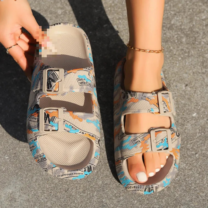 Women's thick bottom EVA slippers in leopard print and paisley patterns for bathroom use.