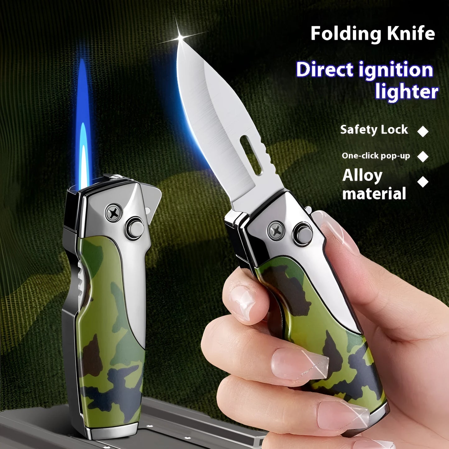 Metal folding lighter with integrated knife showing zinc alloy construction and safety lock mechanism