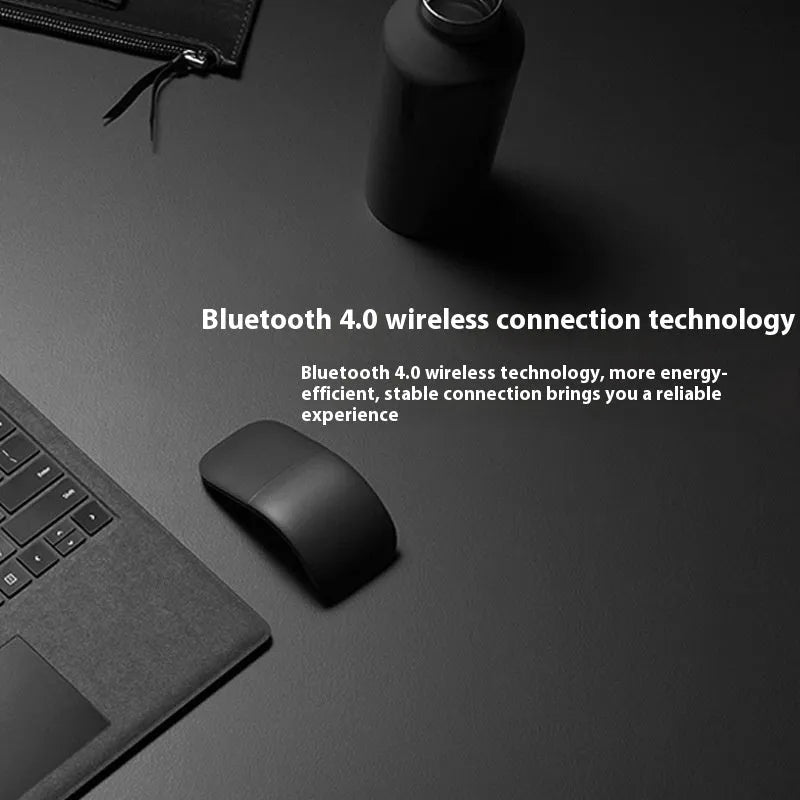Black folding touch wireless mouse shown in open position with Bluetooth 4.0 logo