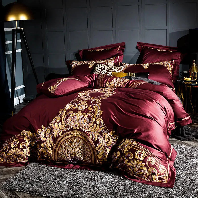 Embroidered Chinese cotton quilt cover in grey or red with plant and flower pattern for 1.8m 6ft bed